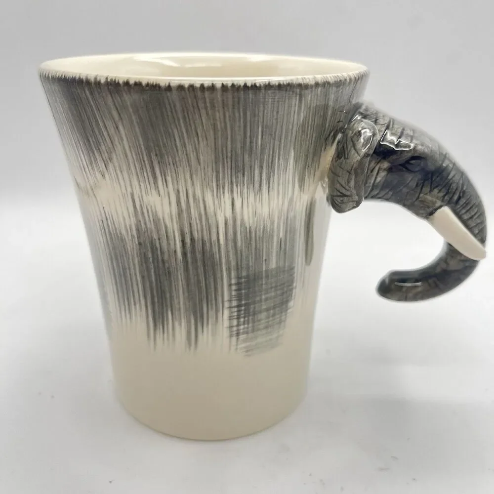 Pier 1 Ceramic Handpainted Stoneware Elephant Coffee Cup Mug Face Handle Large